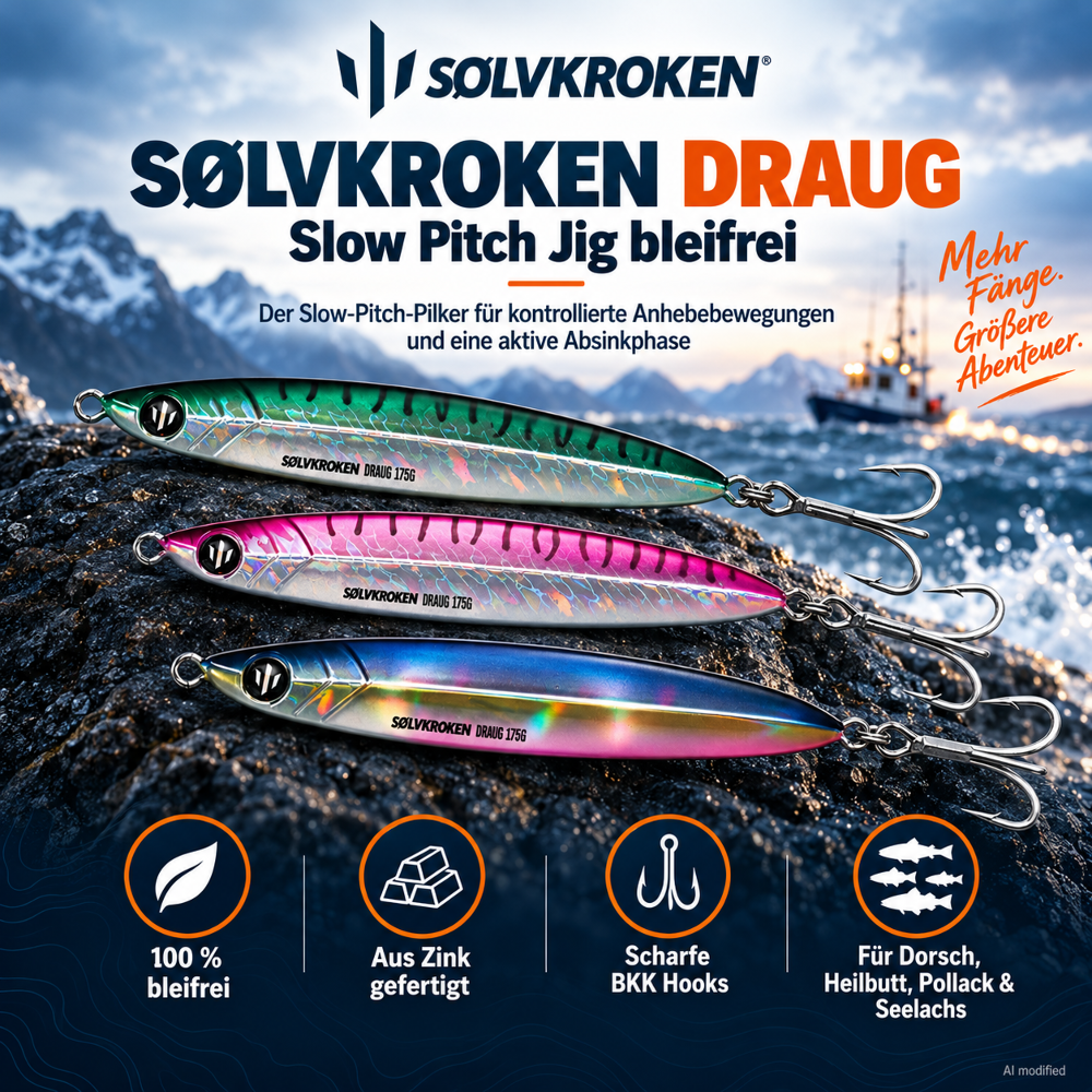 Sølvkroken DRAUG Slow Pitch Jig – bleifreier Pilker 115g - Holo Green Mackerel