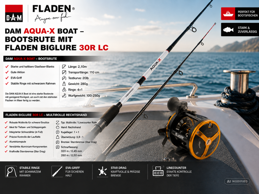 DAM AQUA-X Boat – Bootsrute mit FLADEN BIGLURE 30R LC Multirolle
