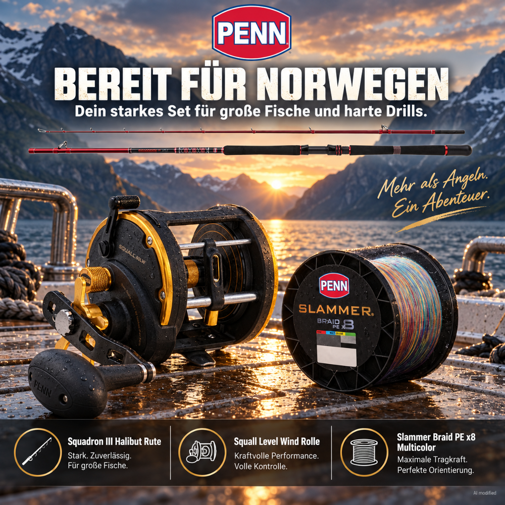 PENN Heilbutt Angel-Set – Rute-Rolle-Schnur für Norwegen