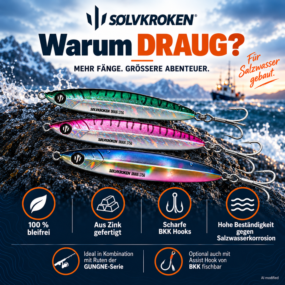 Sølvkroken DRAUG Slow Pitch Jig – bleifreier Pilker 115g - Holo Green Mackerel