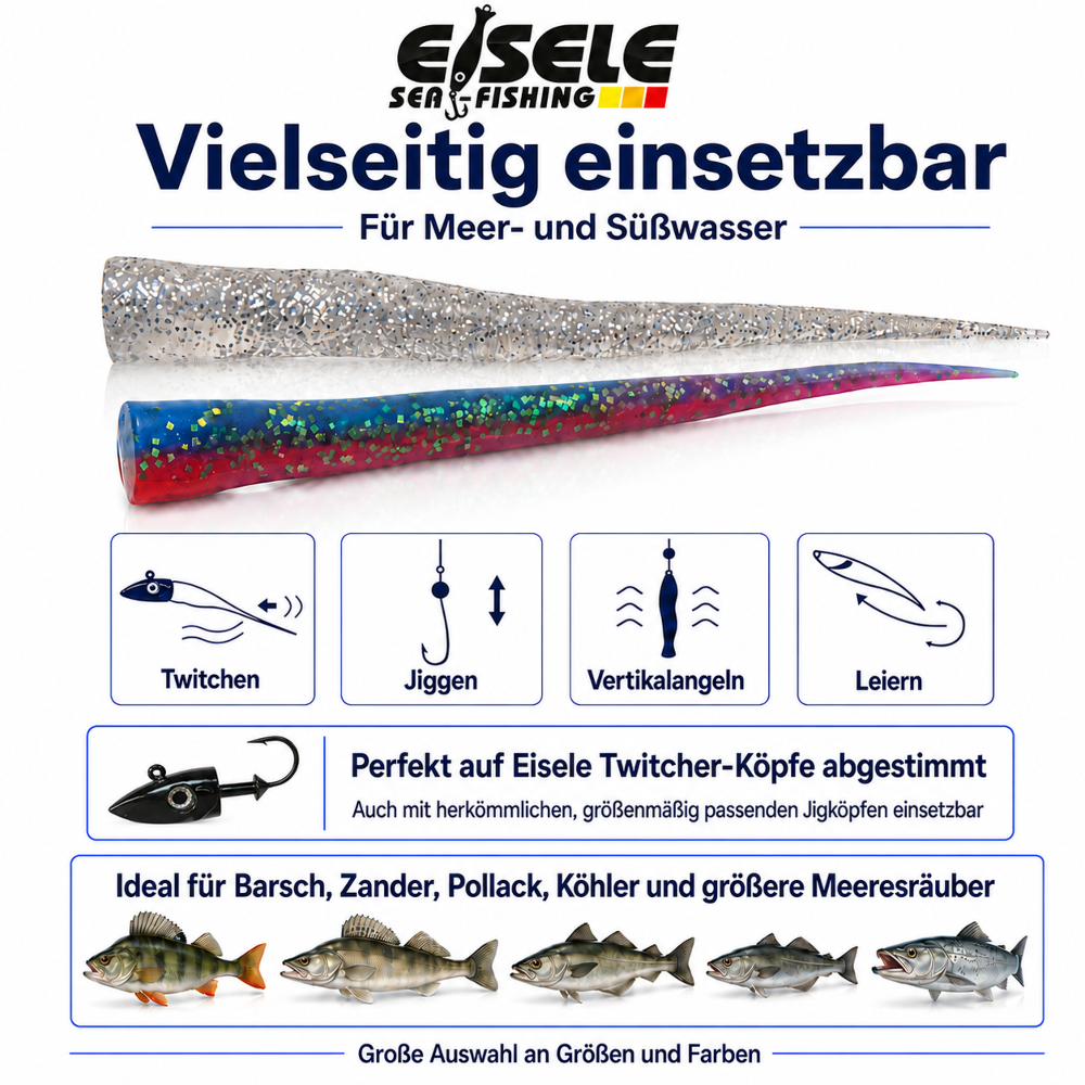 Eisele Sea-Fishing Flexxxi Maus – Softlure-Schwänze im 2er-Blister - 22cm/Ø 20,0mm - blau/pink