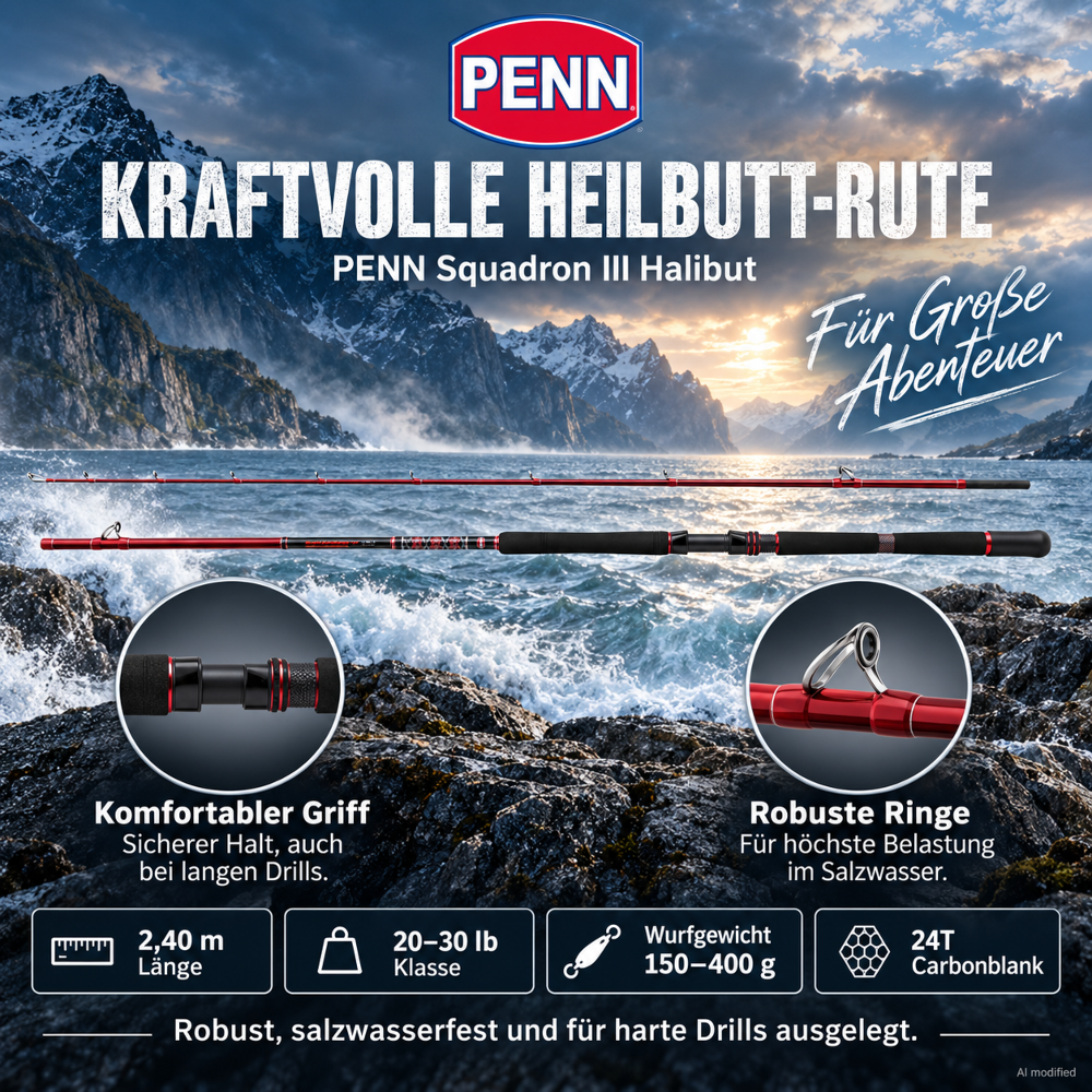 PENN Heilbutt Angel-Set – Rute-Rolle-Schnur für Norwegen