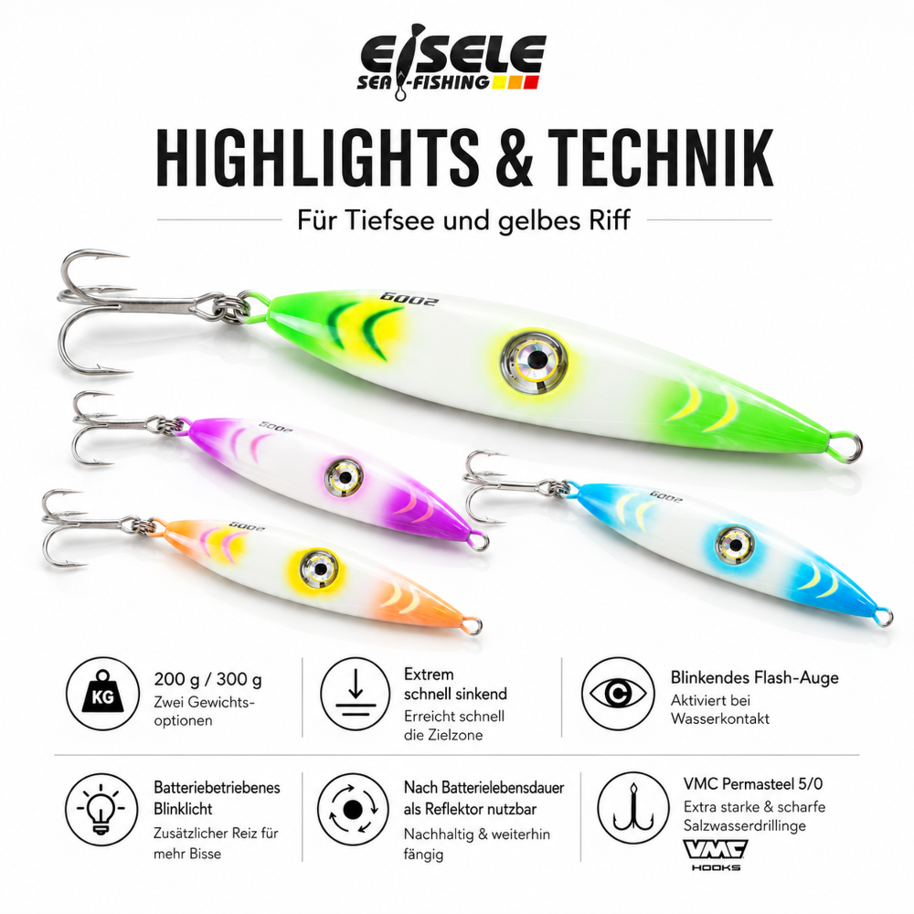 Eisele Sea-Fishing JDM LIGHTNING EYE Jig – Speed Jig mit Blinklicht 300g - Grün