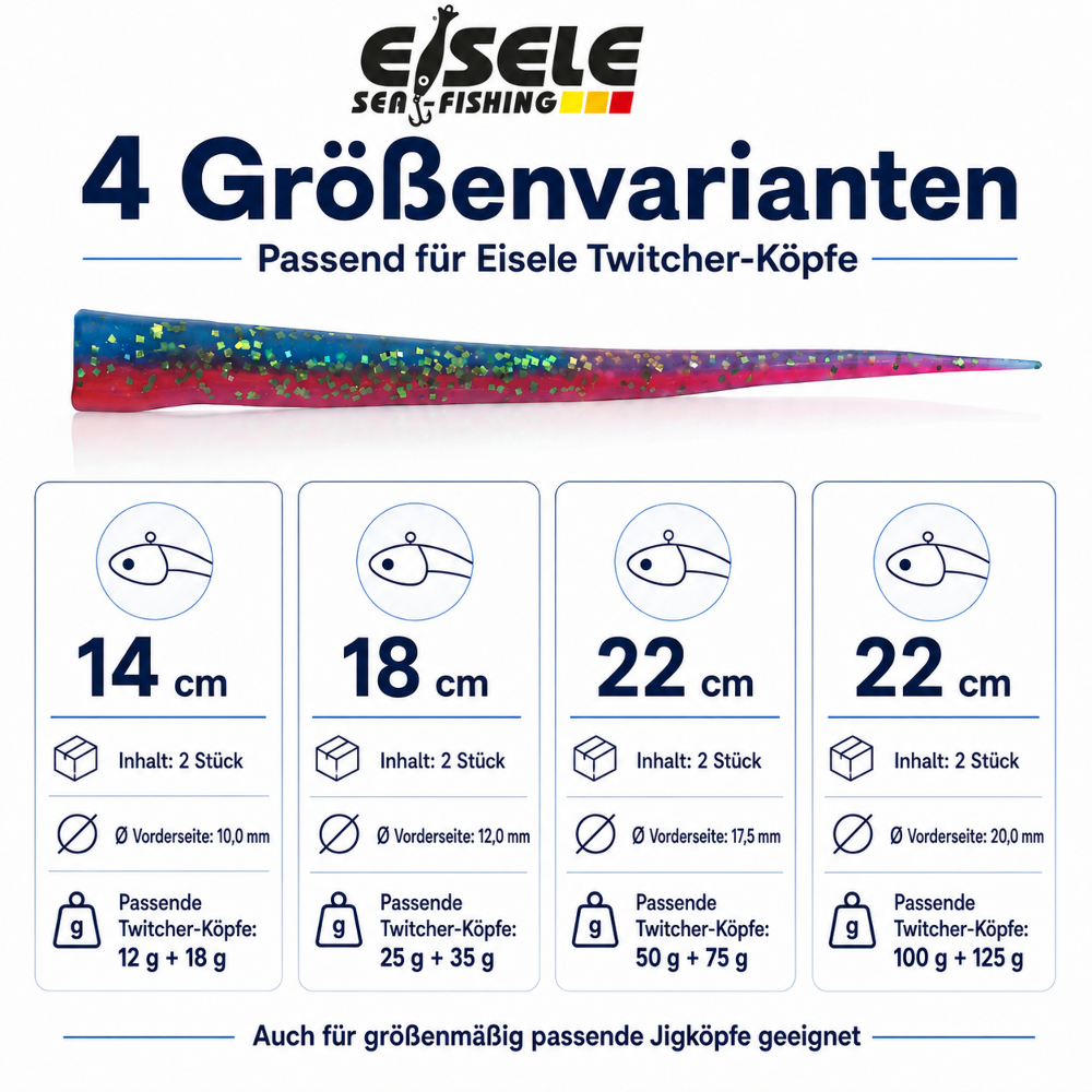 Eisele Sea-Fishing Flexxxi Maus – Softlure-Schwänze im 2er-Blister - 22cm/Ø 20,0mm - silber/glitter