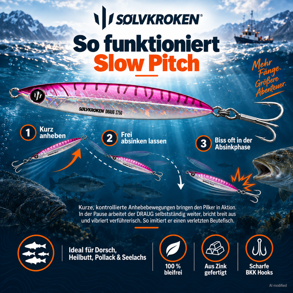 Sølvkroken DRAUG Slow Pitch Jig – bleifreier Pilker 115g - Holo Green Mackerel