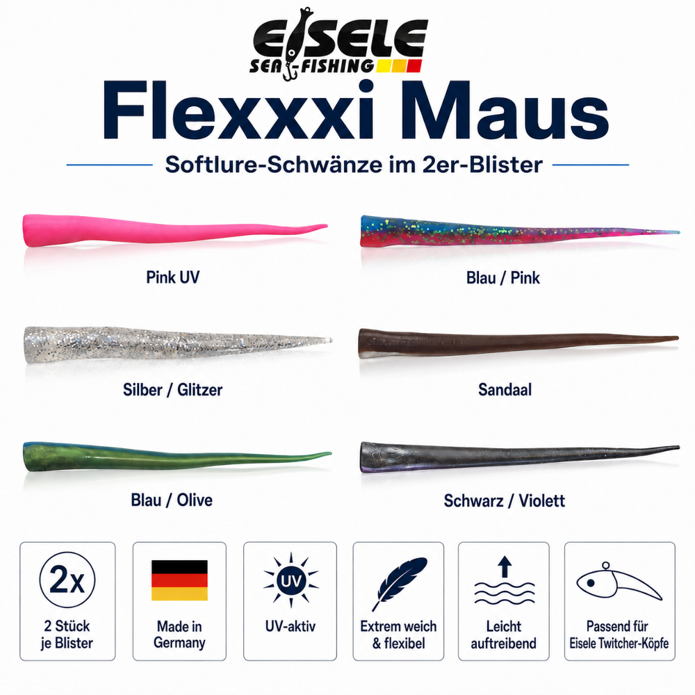 Eisele Sea-Fishing Flexxxi Maus – Softlure-Schwänze im 2er-Blister - 22cm/Ø 20,0mm - silber/glitter