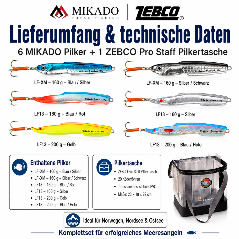 MIKADO Norwegen Pilker-Set mit Zebco Pro Staff Pilkertasche – 6 Pilker inklusive Ködertasche