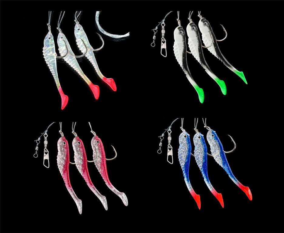 DEGA - 3er Gummifisch-Vorfach mit Reflexfolie