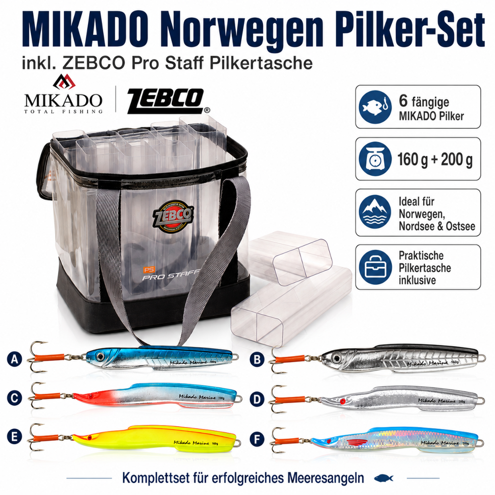 MIKADO Norwegen Pilker-Set mit Zebco Pro Staff Pilkertasche – 6 Pilker inklusive Ködertasche