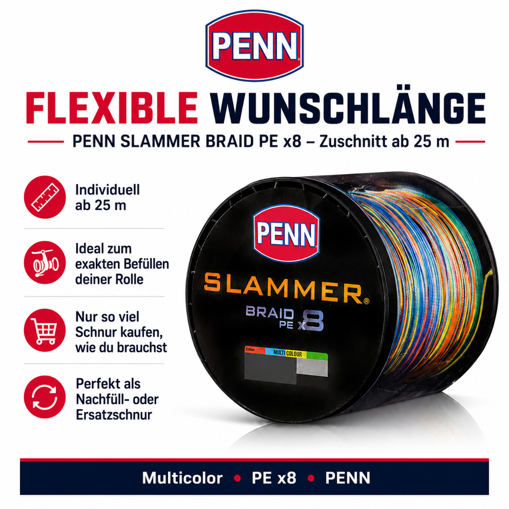 PENN SLAMMER BRAID PE x8 - Multicolor Zuschnitt je 25m - PE8